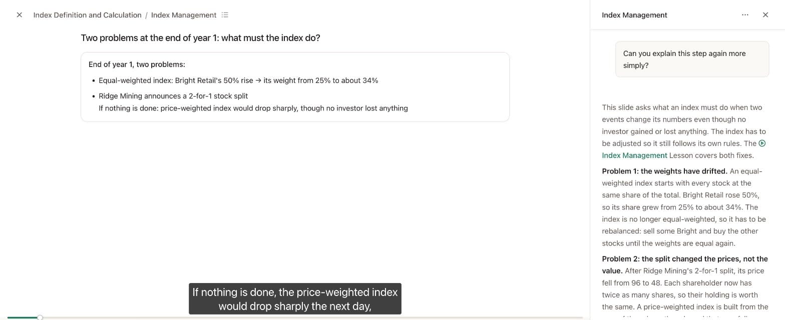 A lesson on index management paused mid-step, with the AI tutor explaining that step next to it
