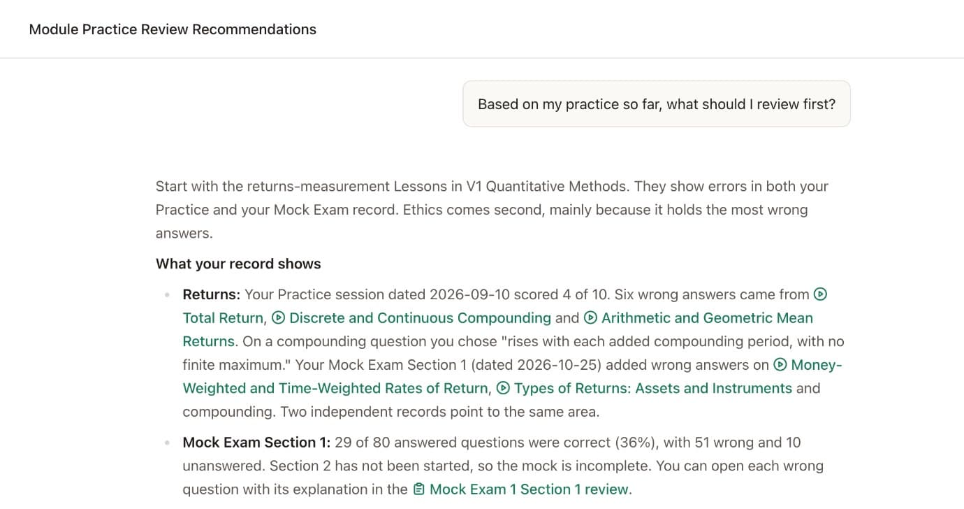 The AI tutor answering "Based on my practice so far, what should I review first?" from a Practice session and a Mock Exam record