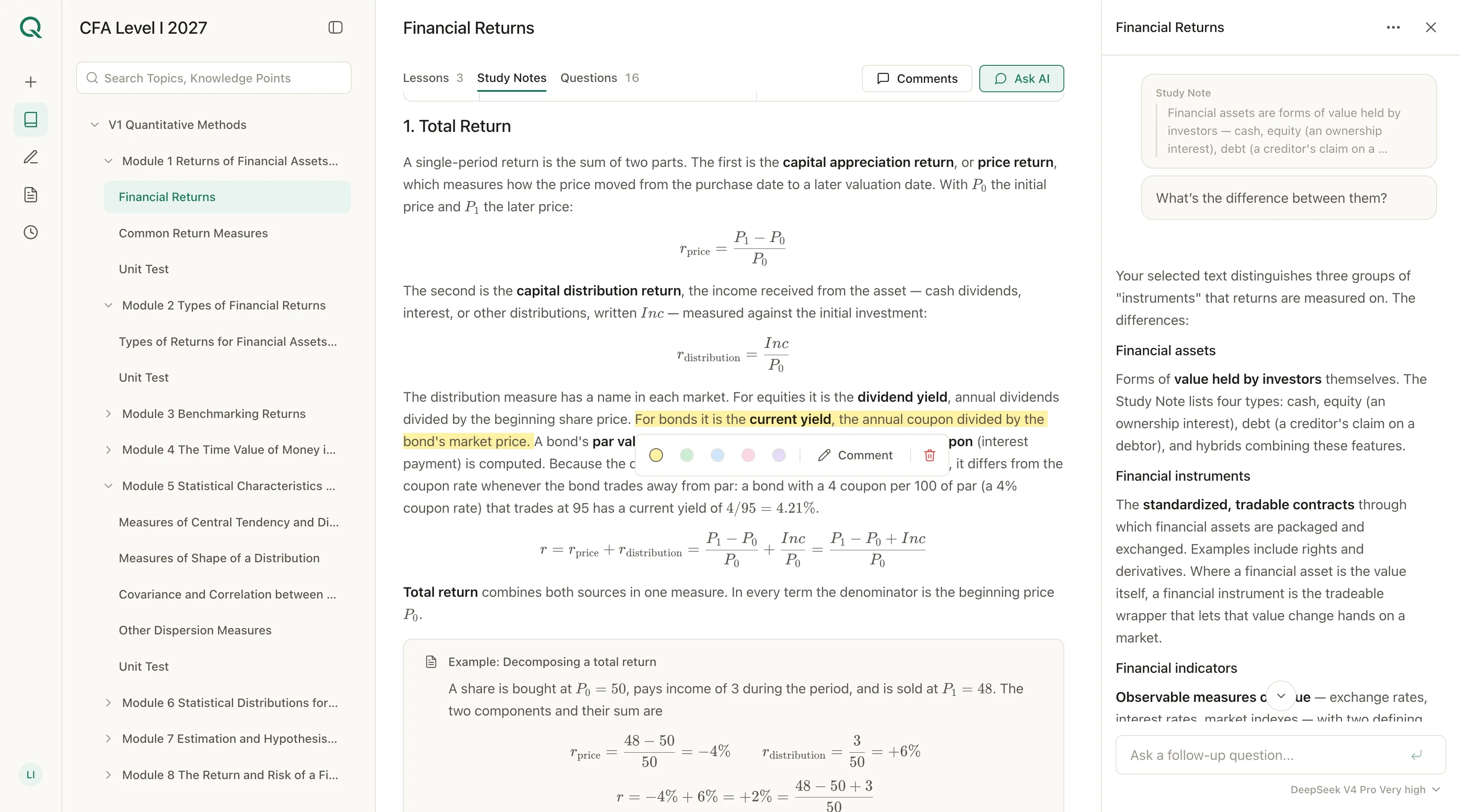 Quizara Study Notes with a highlighted passage, highlight colour and comment controls, and an Ask AI panel answering about the selected text