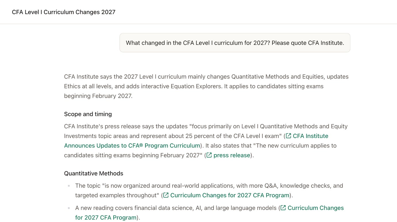 The AI tutor answering what changed in the 2027 Level I curriculum, quoting CFA Institute with links to its pages