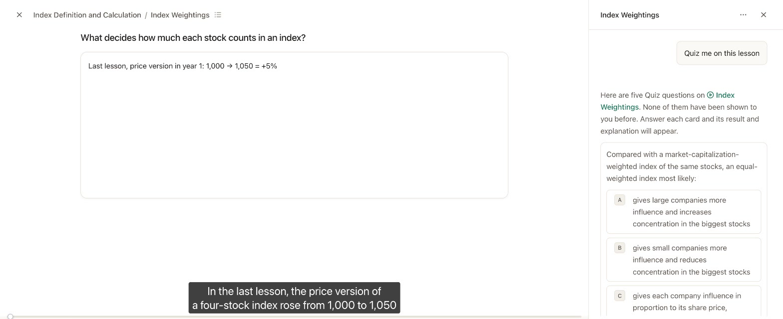 A lesson on index weightings with five Quiz questions from Quizara's question bank in the AI tutor panel