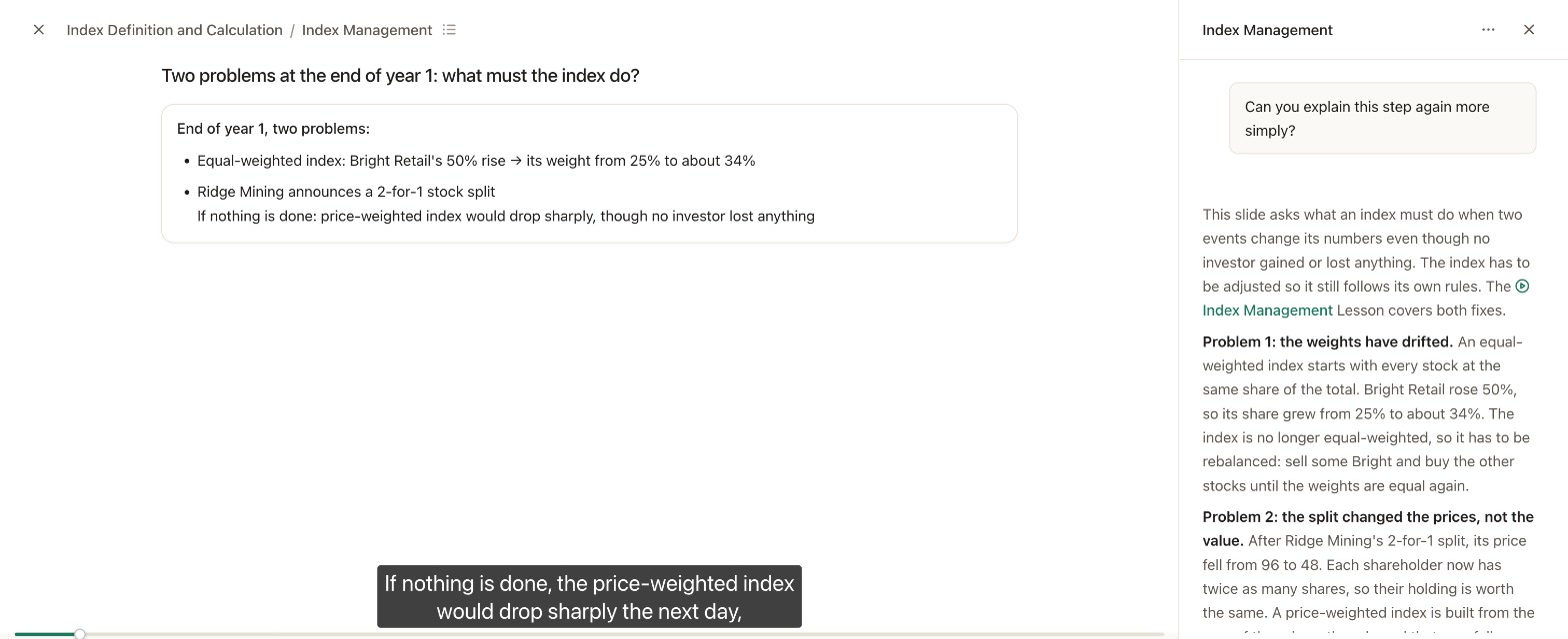 A lesson on index management paused mid-step, with the AI tutor explaining that step next to it